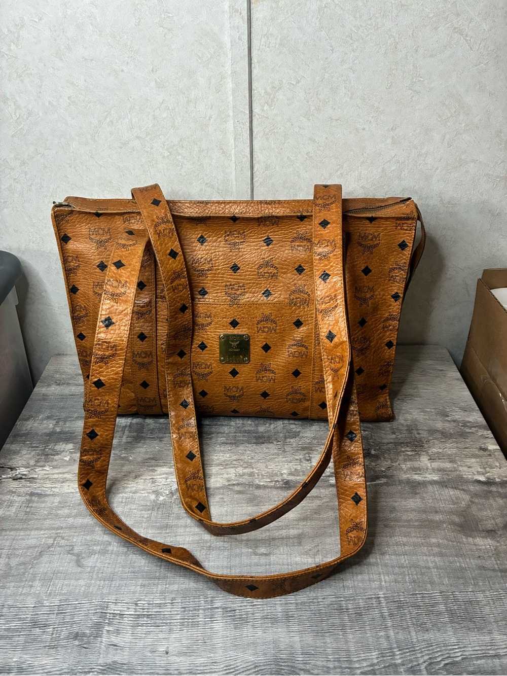 MCM Cognac Logo Print Leather Tote